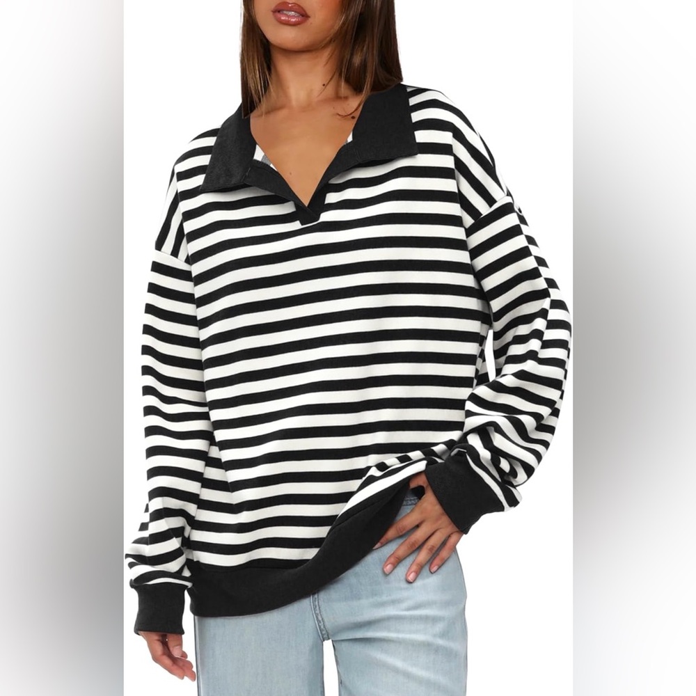 Striped Collared Pullover Sweatshirt | Black & White Stripe | Size Medium - Picture 4 of 5